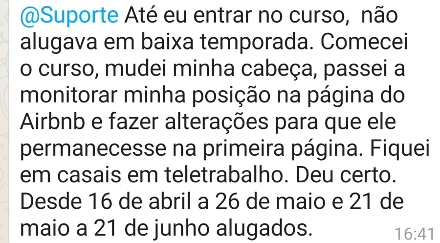 Print de WhatsApp de aluno: alugado na baixa temporada