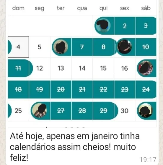 Print de WhatsApp de aluno: calendário cheio
