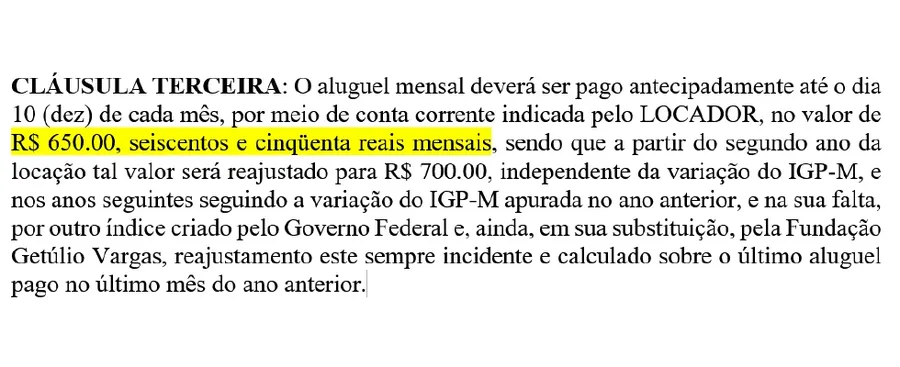 Trecho do contrato: aluguel mensal de R$650