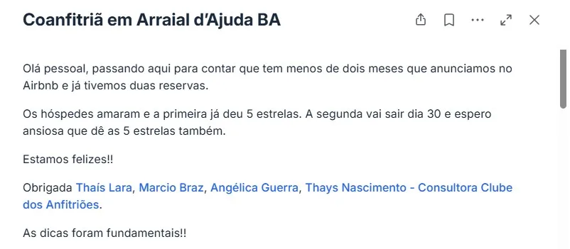Coanfitriã em Arraial d'Ajuda: duas reservas e 5 estrelas em menos de dois meses