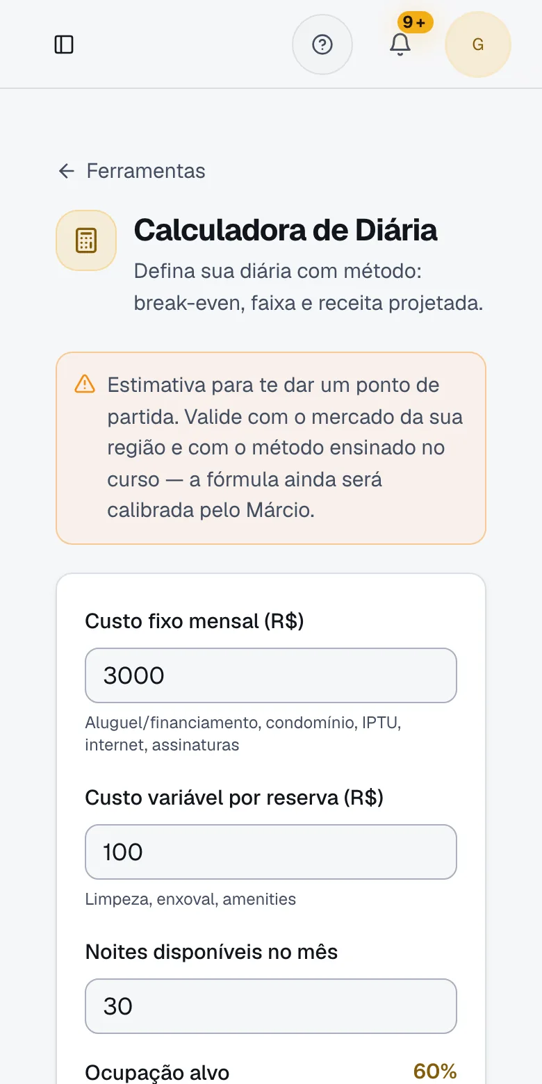 Tela real do portal: Calculadora de Diária preenchida